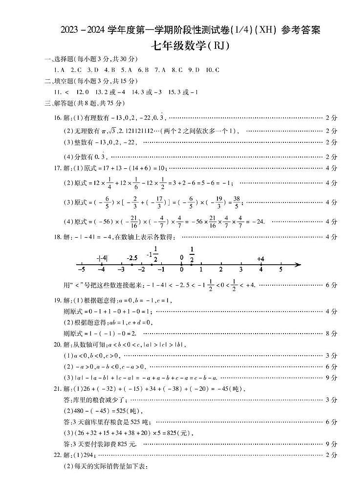 河南省西华县2023-2024学年七年级上学期第一次月考数学 河南省西华县2023-2024学年七年级上学期第一次月考数学答案第1页