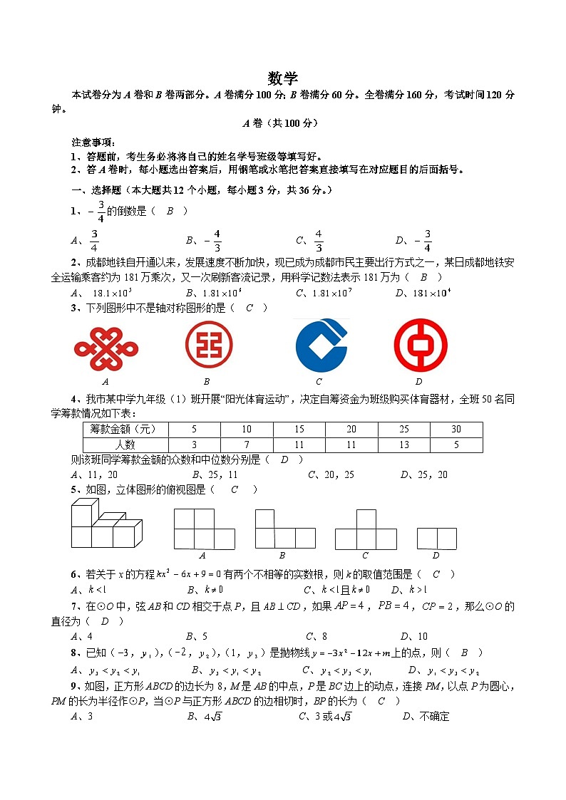 四川省隆昌市第一中学2023届九年级下学期第一次月考数学试卷(含答案)第1页