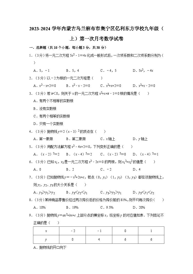 2023-2024学年内蒙古乌兰察布市集宁区亿利东方学校九年级（上）第一次月考数学试卷01