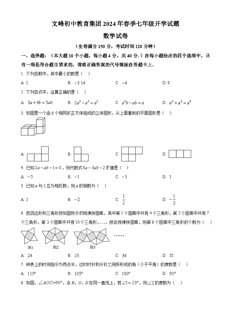 重庆市开州区文峰教育集团2023-2024学年七年级下学期开学考试数学试题（原卷版）01