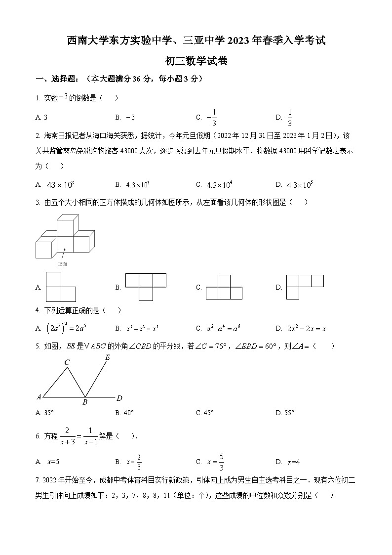 海南省东方市西南大学东方实验中学、三亚中学2023-2024学年九年级下学期入学考试数学试题（原卷版）第1页