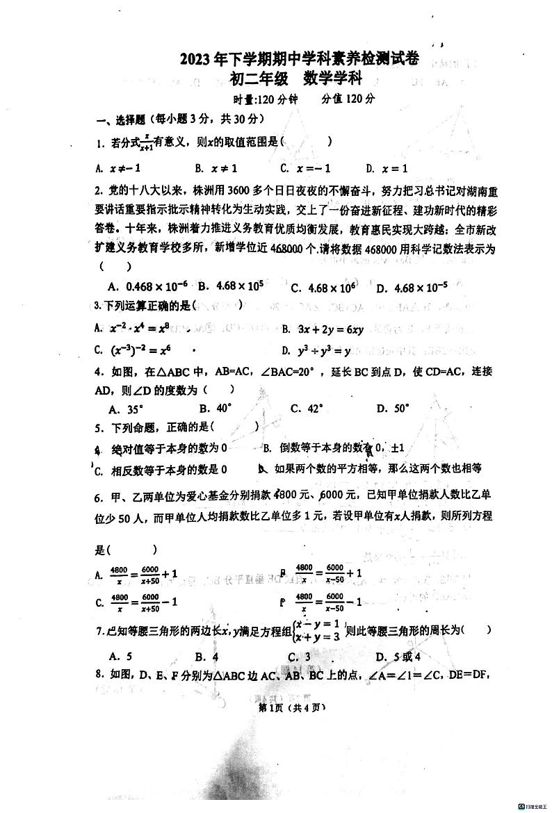 湖南省株洲市渌口区联考2023-2024学年八年级上学期11月期中数学试题第1页