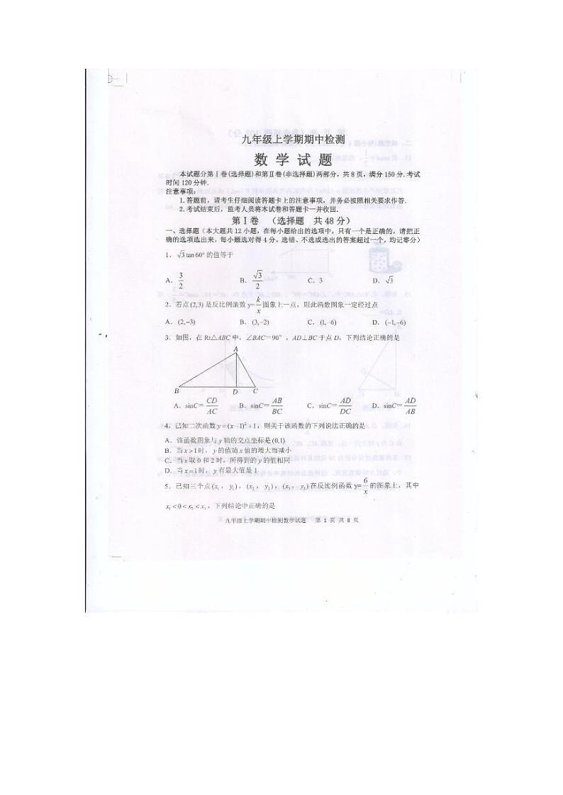 山东省泰安市新泰市2023-2024学年九年级上学期11月期中数学试题01