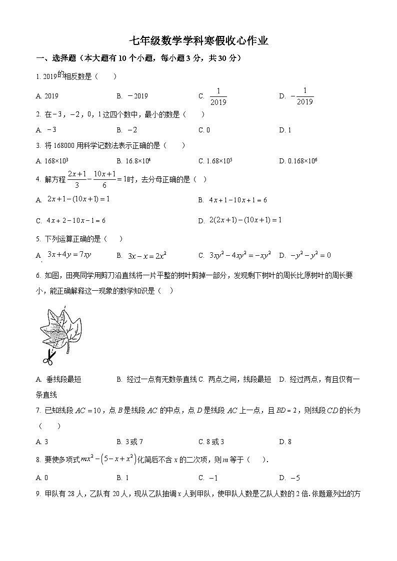 浙江省义乌市丹溪中学2023-2024学年七年级下学期开学考试数学试题（原卷版）01