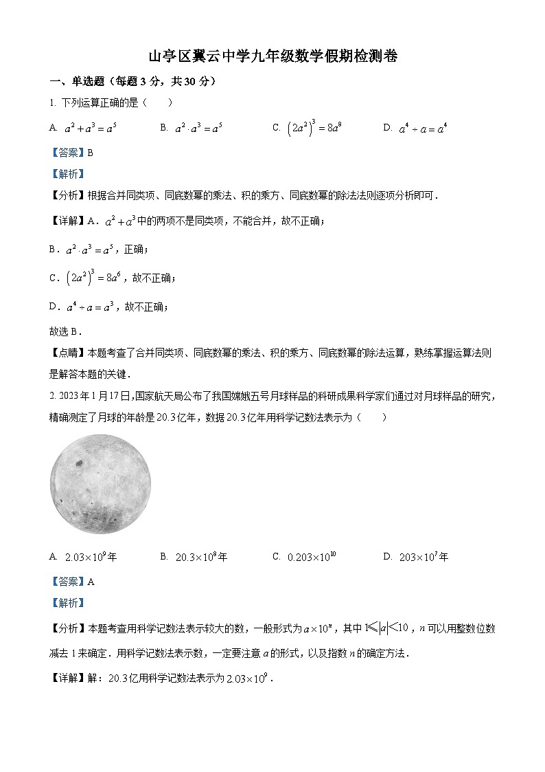 山东省枣庄市山亭区翼云中学2023-2024学年九年级下学期开学考试数学试题（解析版）第1页