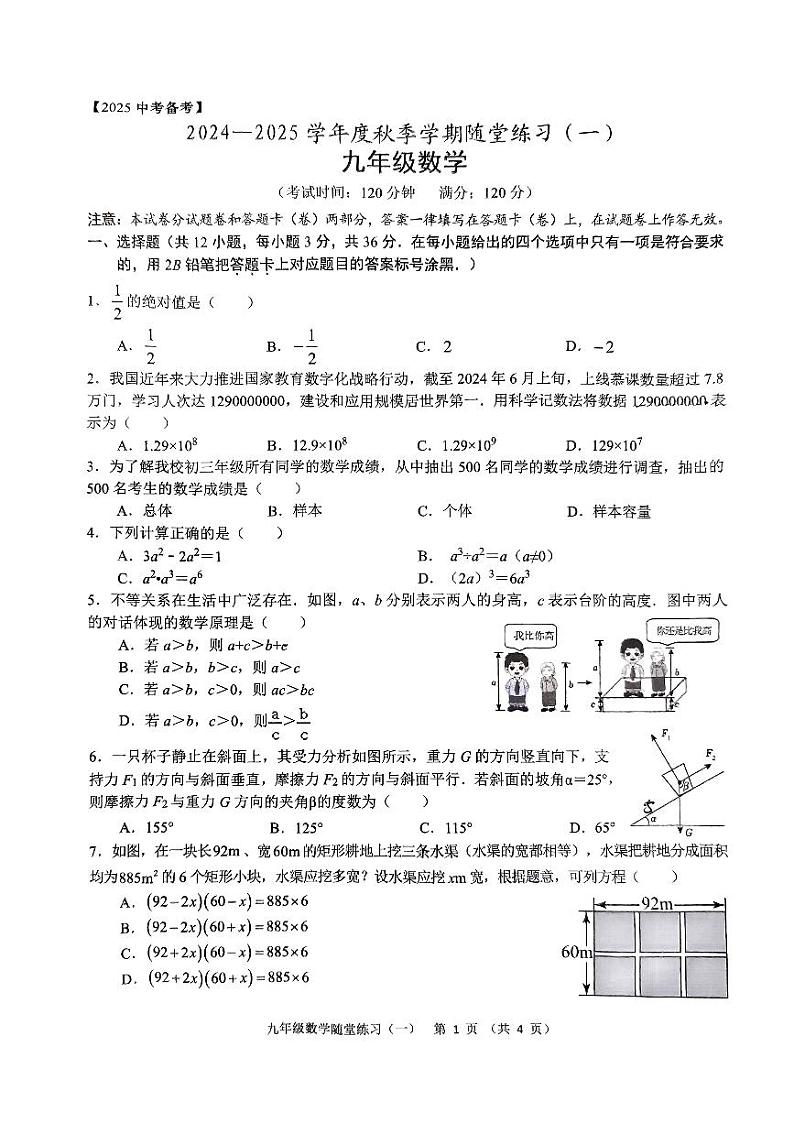 广西南宁三中青秀校区2024-2025学年九年级上学期开学检测数学试题01