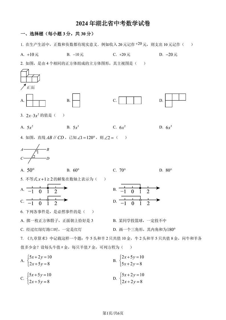 2024年湖北省中考数学试题（原卷版+解析版）01