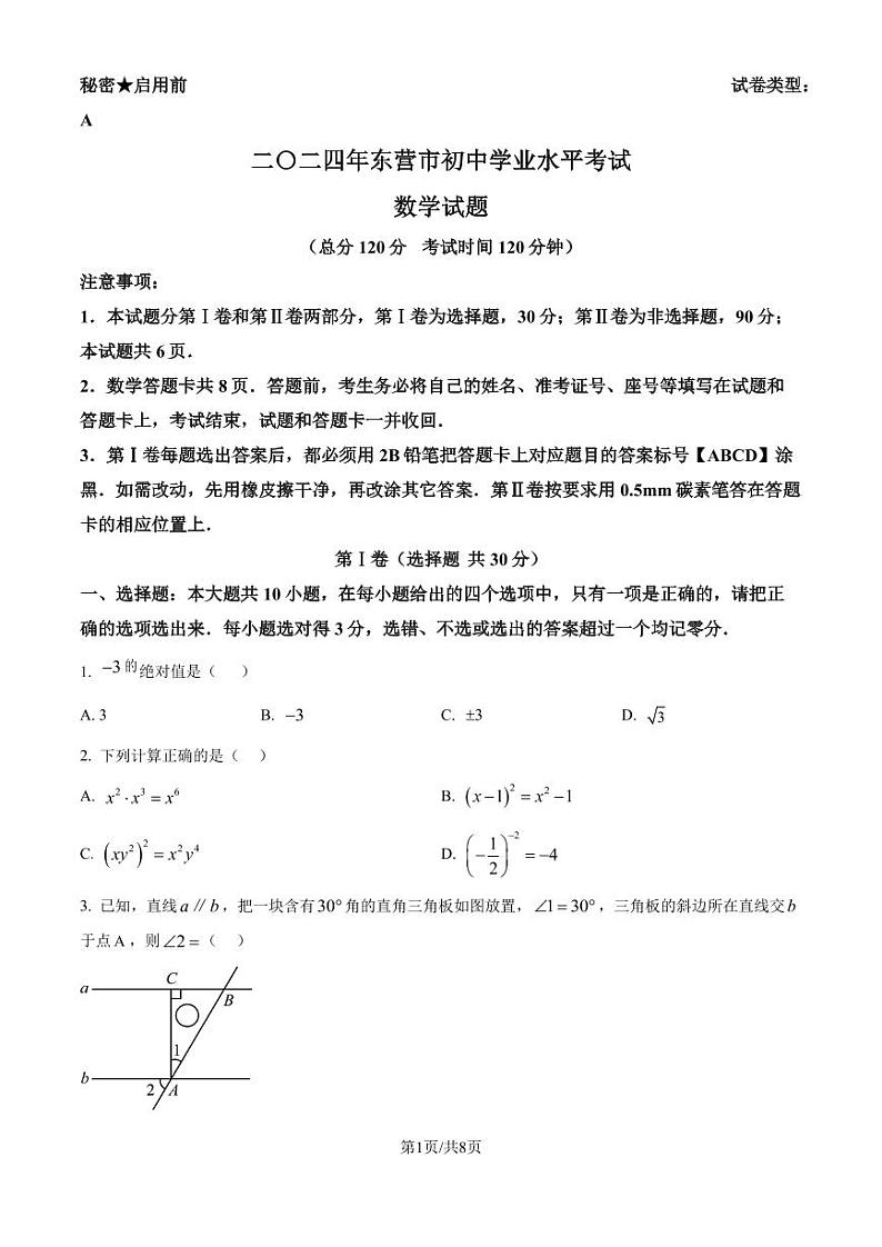 2024年山东省东营市中考数学试题（原卷版+解析版）01
