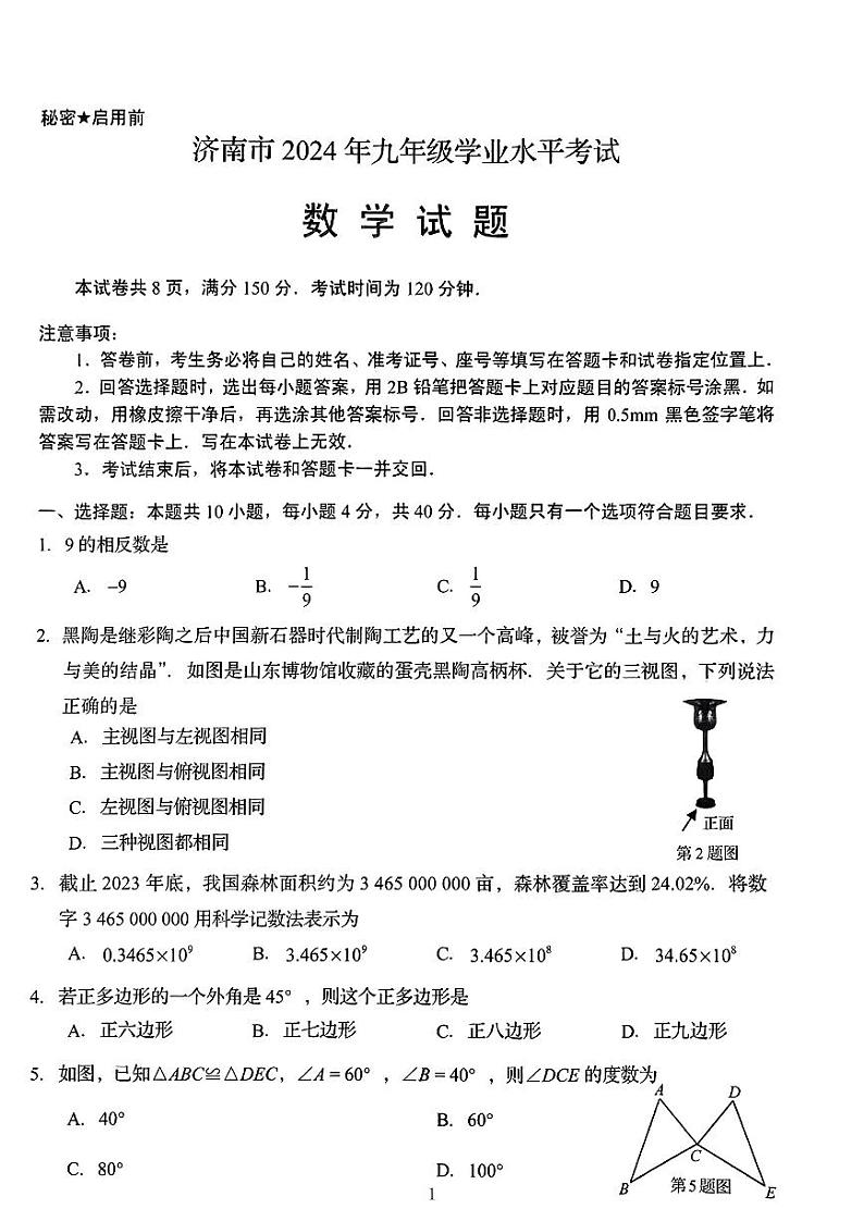 77-2024年山东省济南市中考数学真题01
