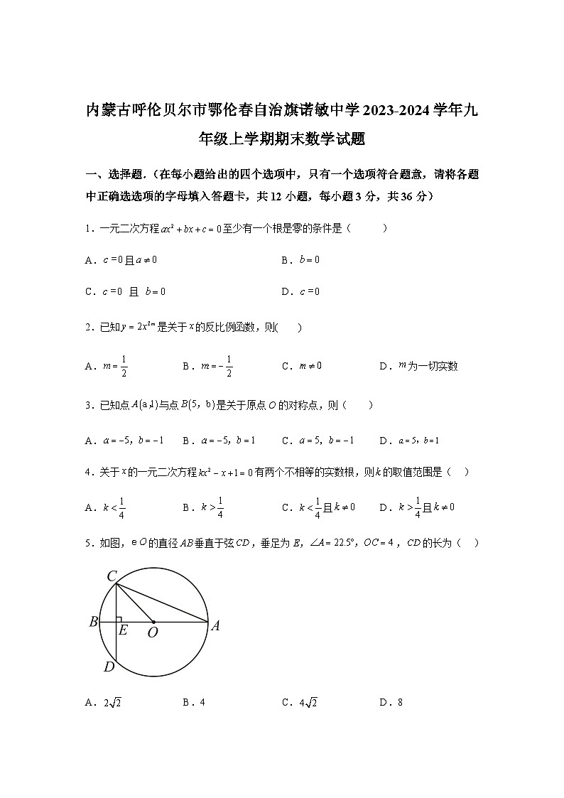 内蒙古呼伦贝尔市鄂伦春自治旗诺敏中学2023-2024学年九年级上学期期末数学试题(含解析)01