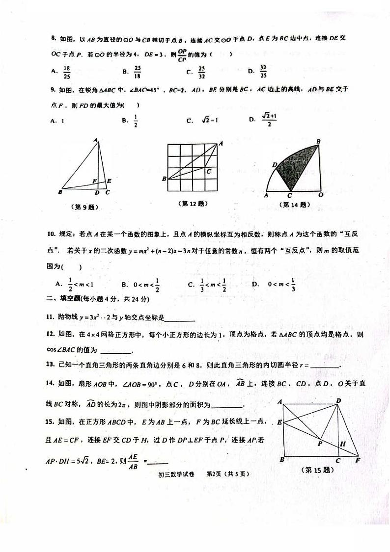 2023-2024学年浙江省宁波市镇海区蛟川书院四校联考九年级（上）学科素养数学试卷第2页