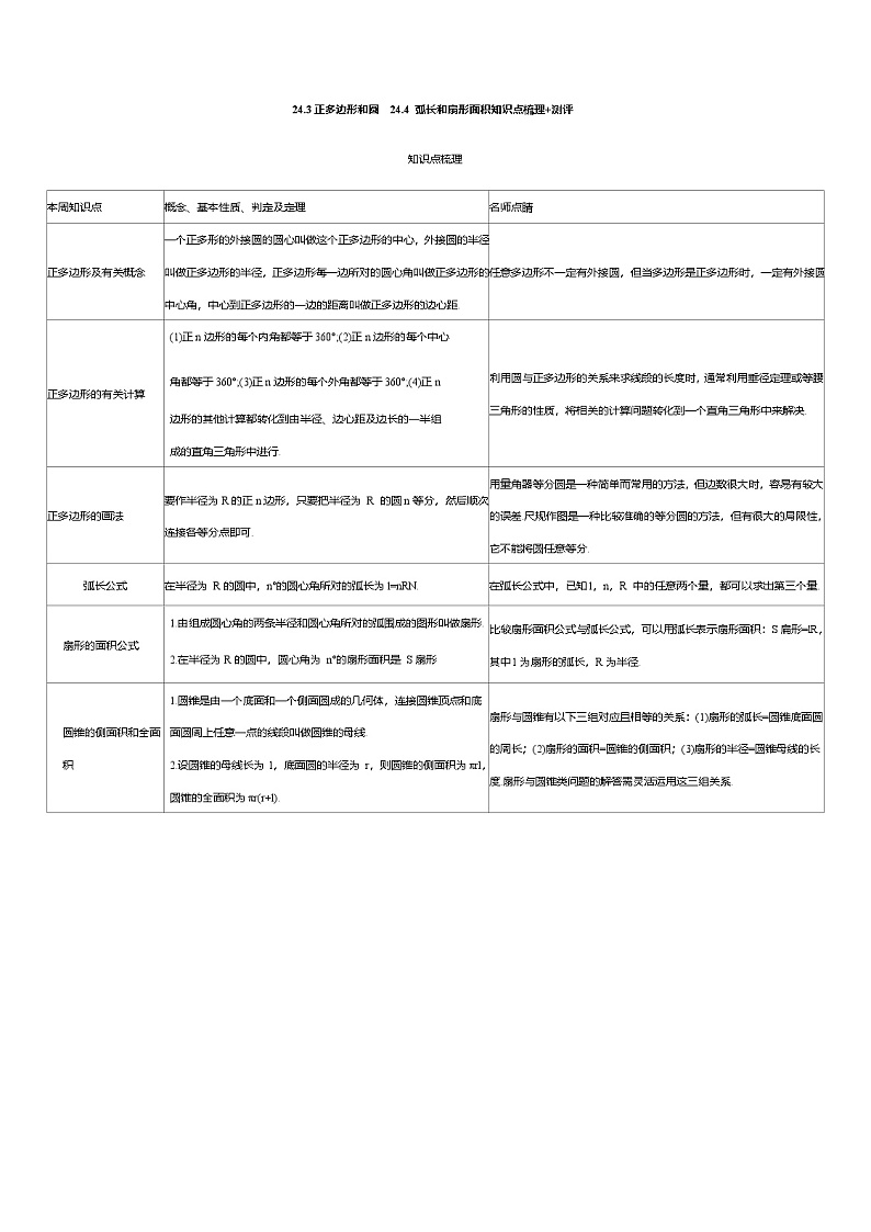 【知识点梳理】2024秋人教版初中数学九年级上册24.3 正多边形和圆  24.4 弧长和扇形面积知识点梳理+测评（含答案）01