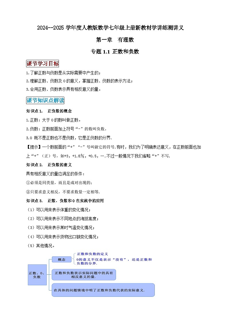 2024-2025学年人教版初中数学七年级上册专题1.1 正数和负数（解析版+原卷版）01