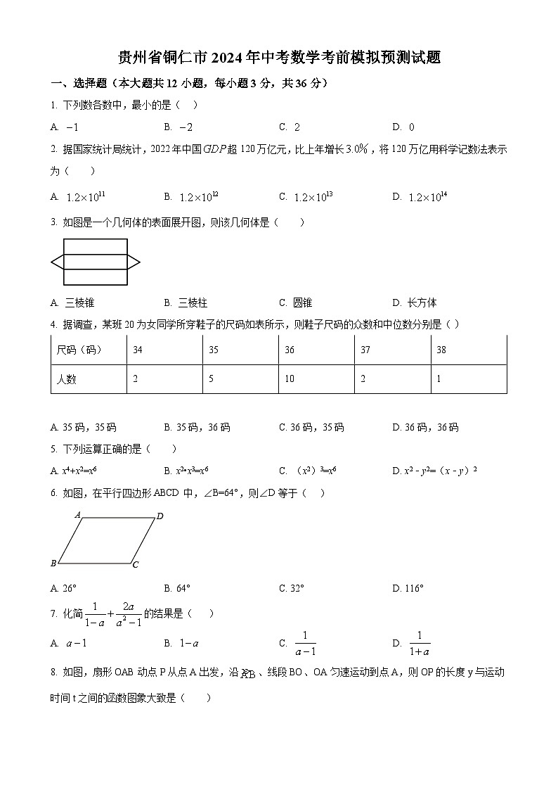 2024年贵州省铜仁市中考数学考前模拟预测试题（原卷版）第1页