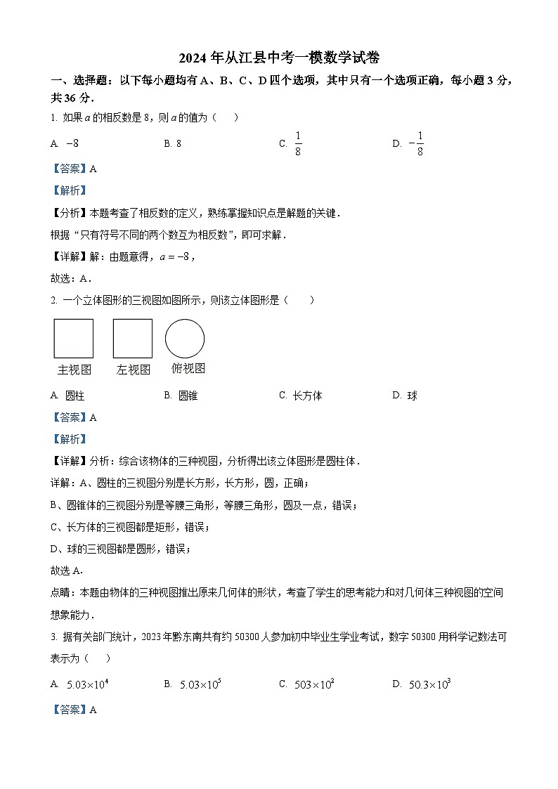 2024年贵州省黔东南州从江县中考一模数学试题（解析版）01