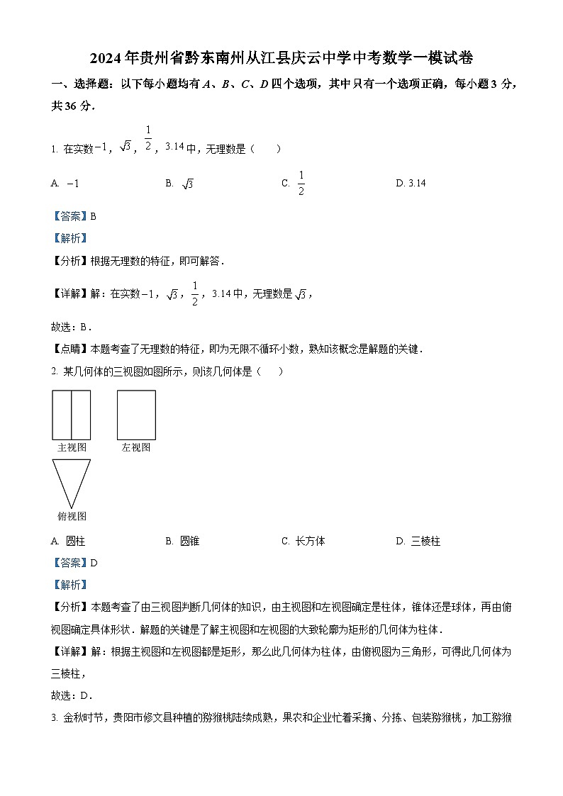 2024年贵州省黔东南州从江县庆云镇初级中学中考数学一模试题（解析版）01
