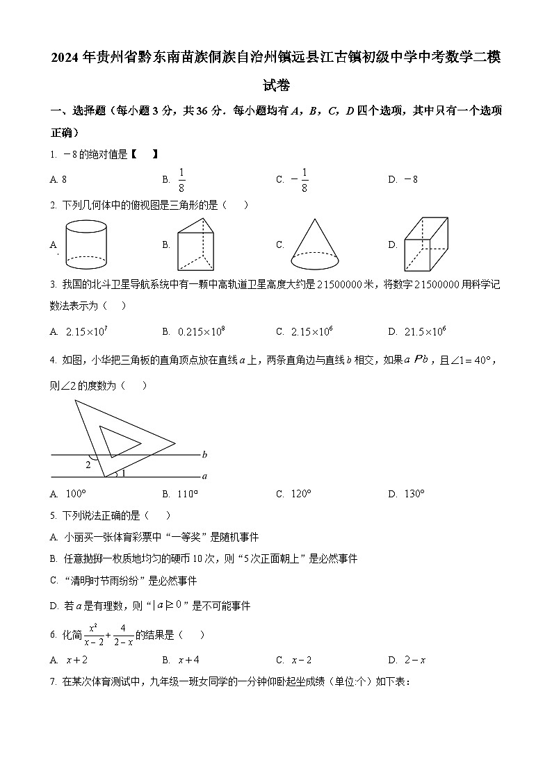 2024年贵州省黔东南苗族侗族自治州镇远县江古镇初级中学中考数学二模试题（原卷版）01