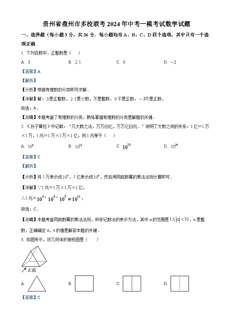 2024年贵州省盘州市多校联考中考一模考试数学试题（解析版）01