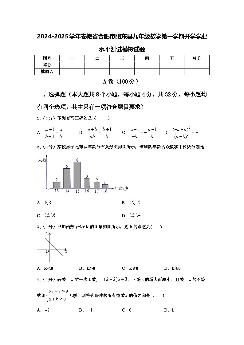 2024-2025学年安徽省合肥市肥东县九年级数学第一学期开学学业水平测试模拟试题【含答案】01