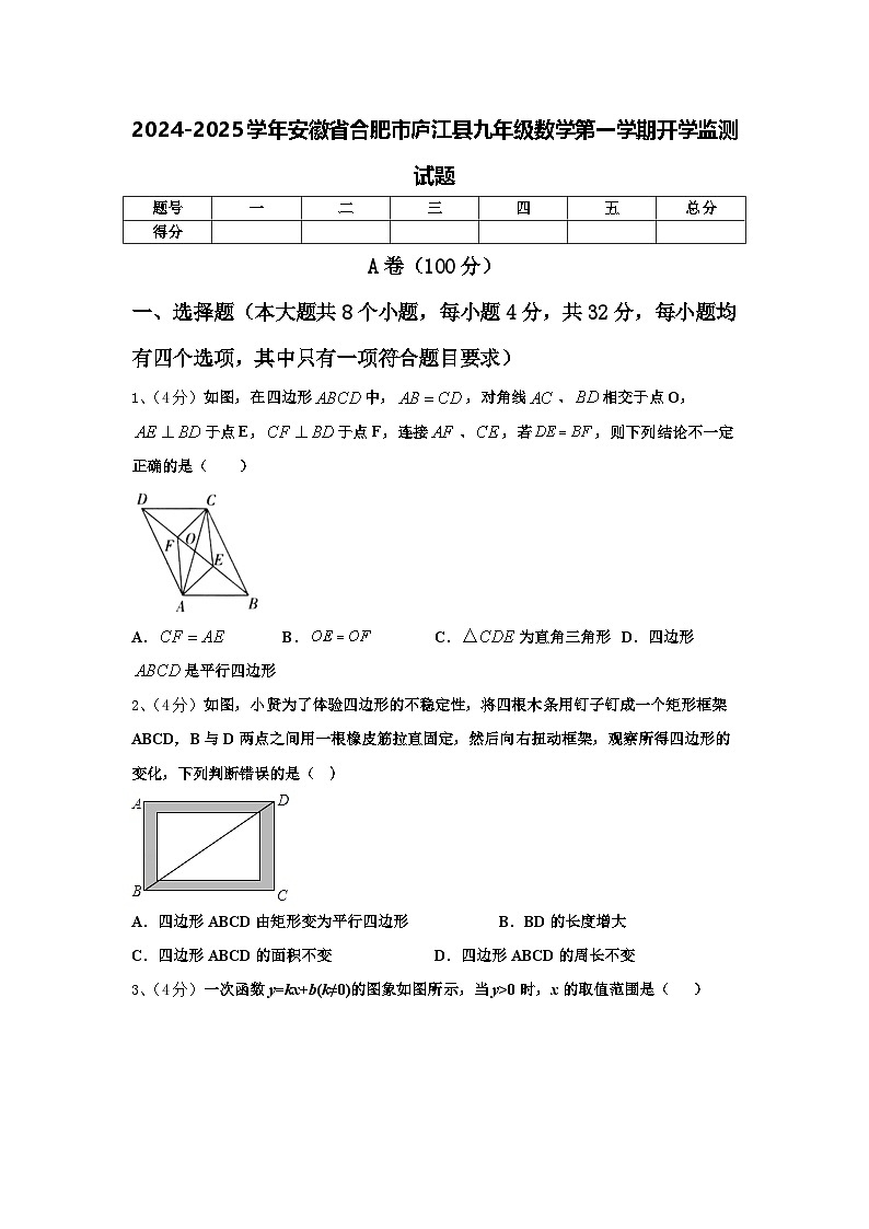 2024-2025学年安徽省合肥市庐江县九年级数学第一学期开学监测试题【含答案】01