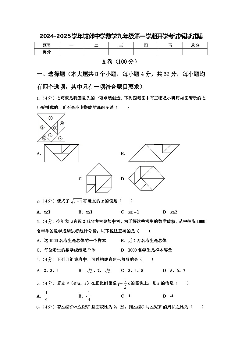 2024-2025学年城郊中学数学九年级第一学期开学考试模拟试题【含答案】01