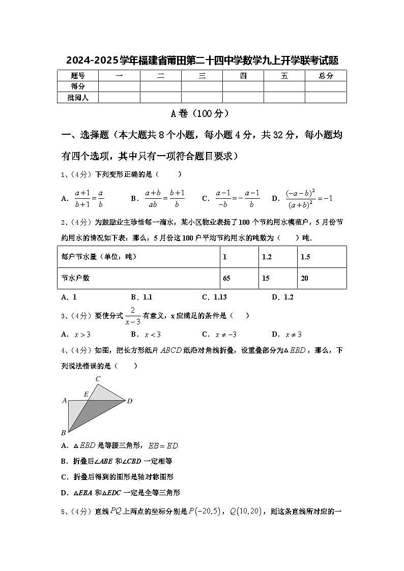 2024-2025学年福建省莆田第二十四中学数学九上开学联考试题【含答案】第1页