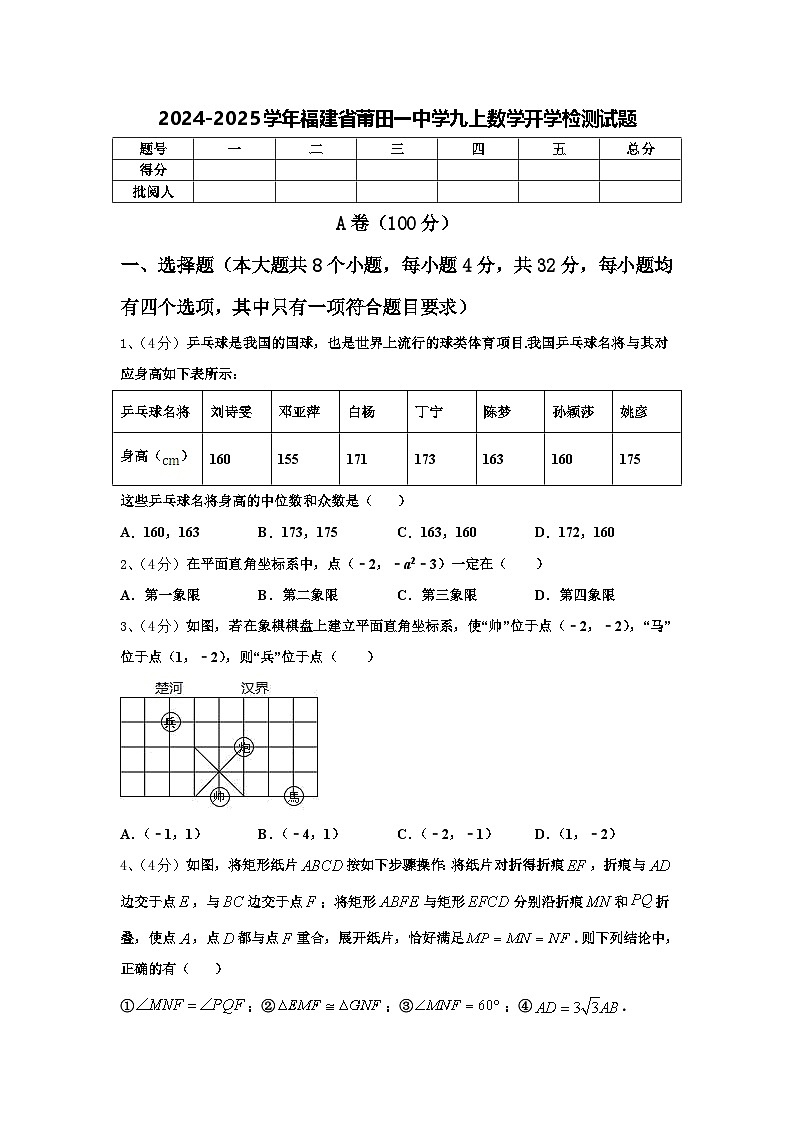 2024-2025学年福建省莆田一中学九上数学开学检测试题【含答案】01