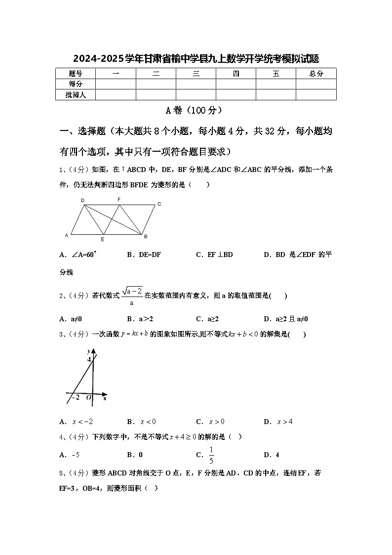 2024-2025学年甘肃省榆中学县九上数学开学统考模拟试题【含答案】第1页