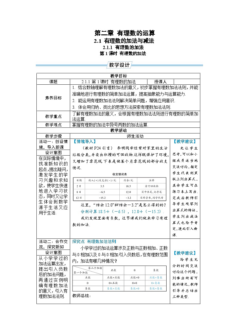 2.1.1 有理数的加法 第1课时 有理数的加法（教学设计） --2024--2025学年人教版（2024）七年级数学上册第1页