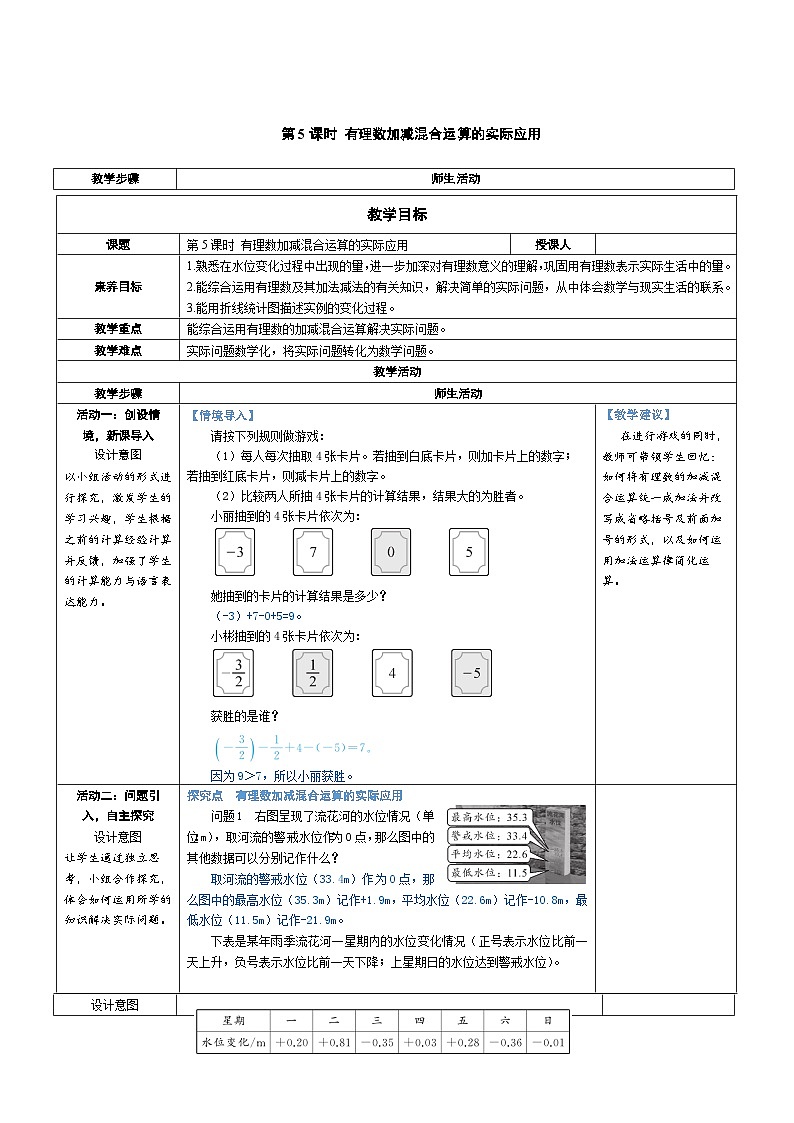 2.2 有理数的加减运算 第5课时 有理数加减混合运算的实际应用（教学设计） 2024--2025学年北师大版（2024）七年级数学上册第1页