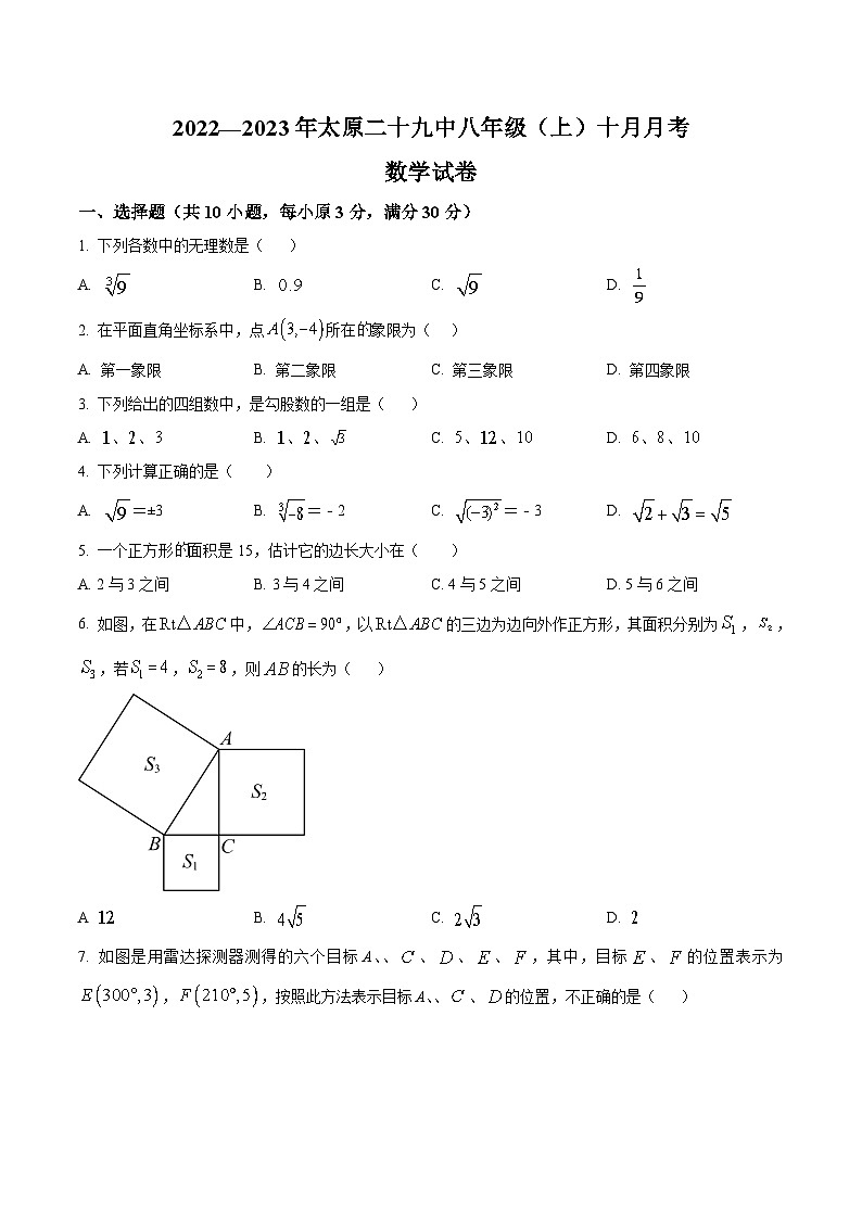 山西省太原市第二十九中学校2022-2023学年八年级上学期第一次月考数学试卷(含答案)01