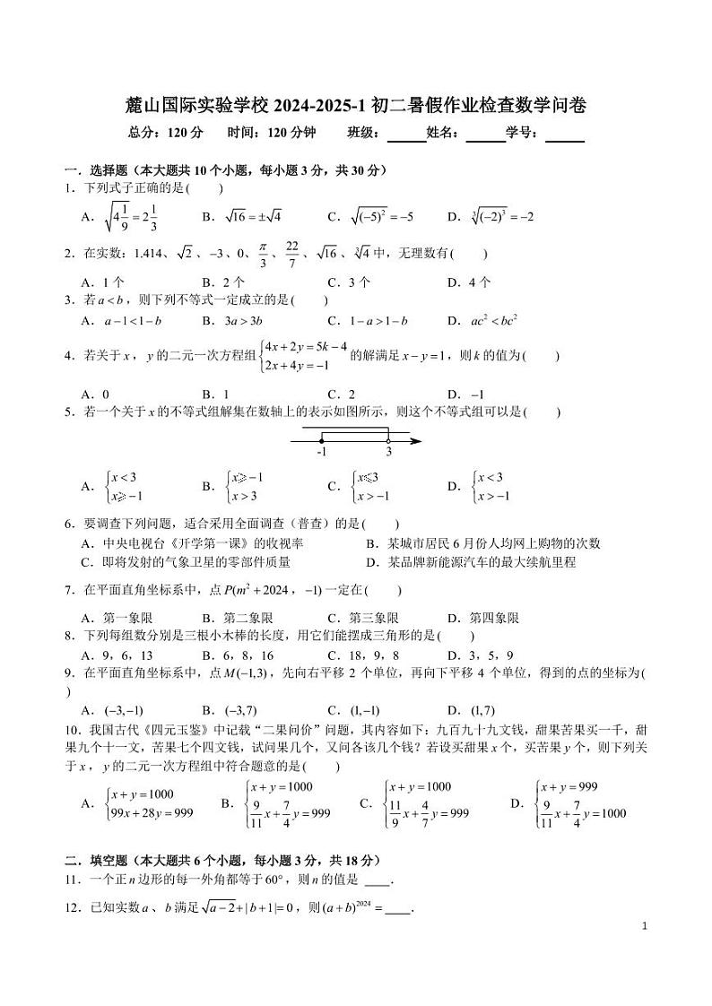 2024-2025-1麓山国际八上入学考试数学试卷01