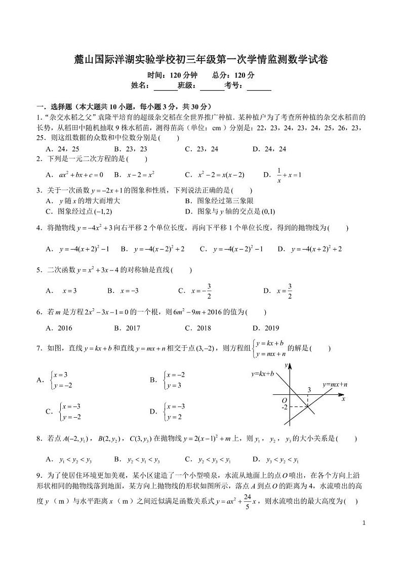 2024-2025-1麓山国际洋湖实验九上入学考试数学试卷第1页