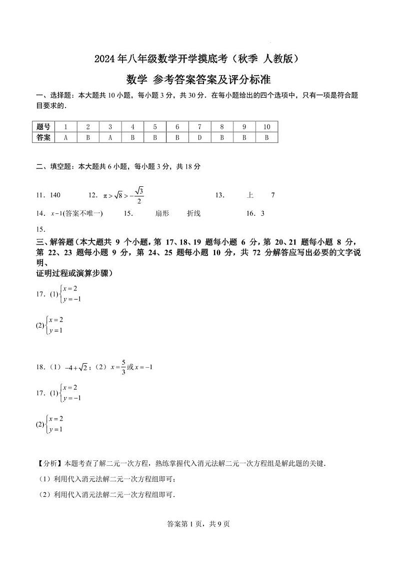 湖南长沙2024—2025学年上学期八年级开学摸底考数学答案第1页