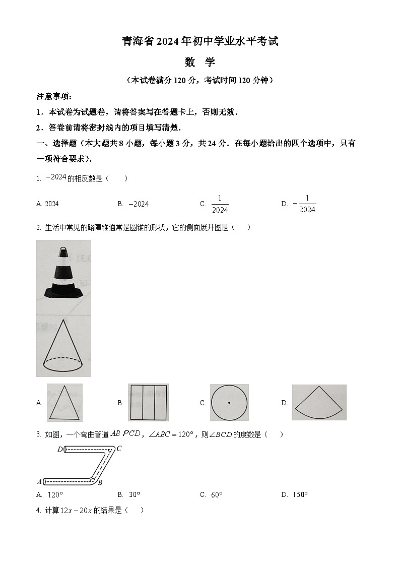 精品解析：2024年青海省中考题数学试题（原卷版）01
