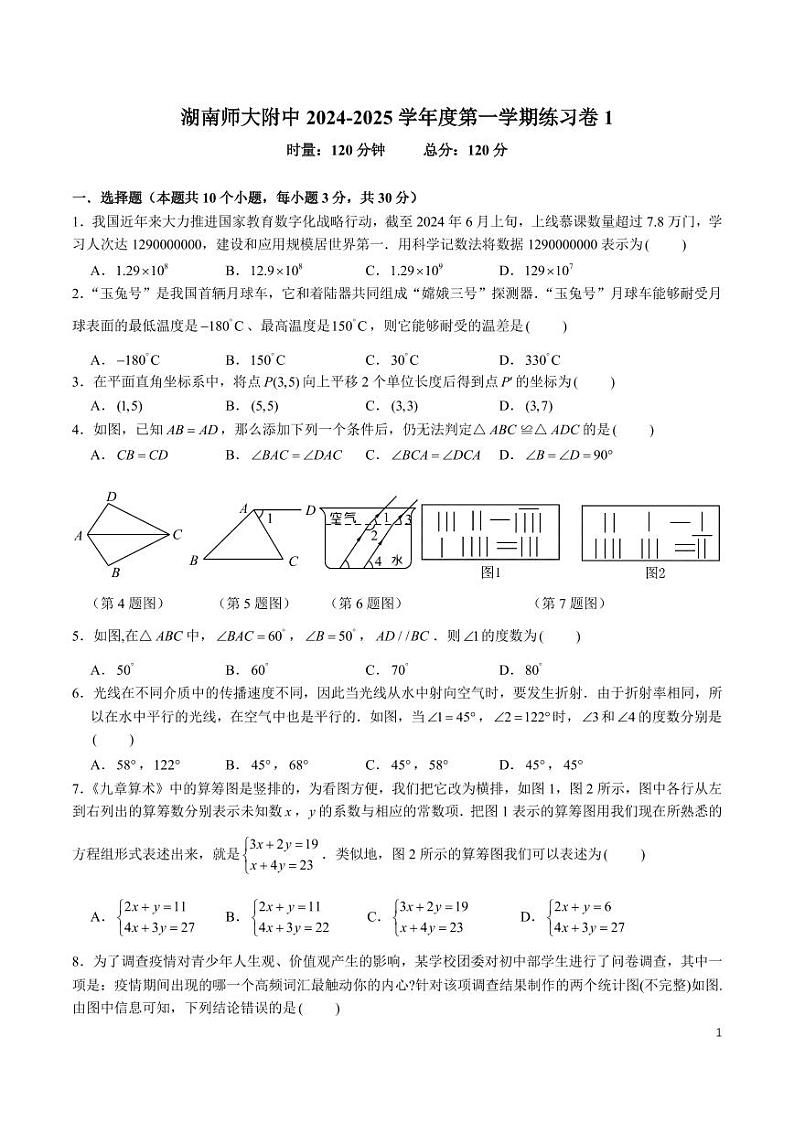 2024-2025湖南师大附中八上入学考试数学试卷01