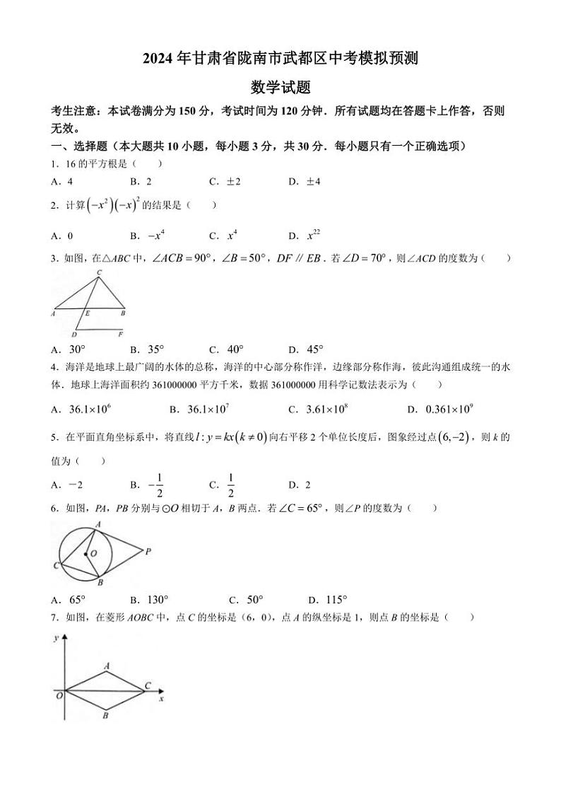 [数学]2024年甘肃省陇南市武都区中考模拟预测试题(有答案)第1页