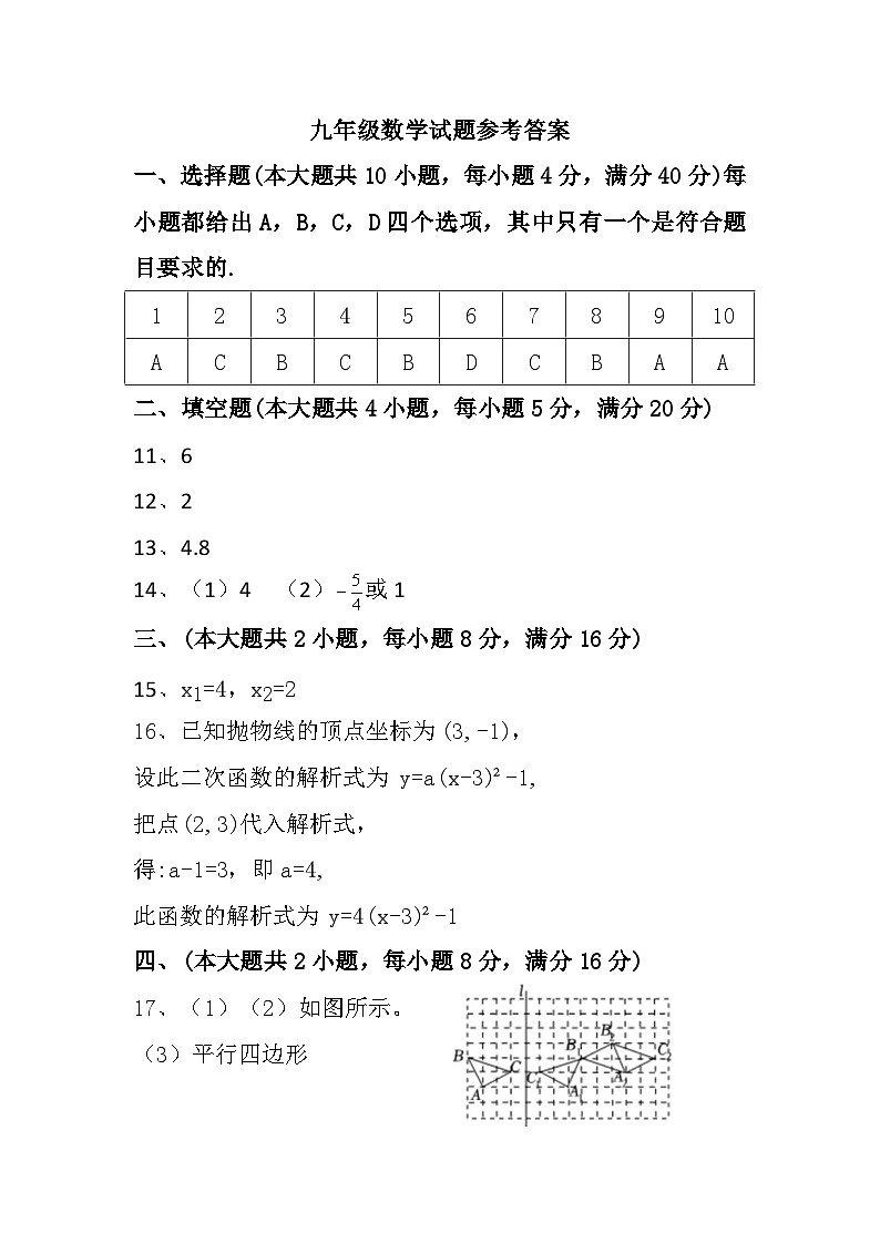 安徽省六安市皋城中学九年级上学期9月阶段性检测数学试题参考答案第1页