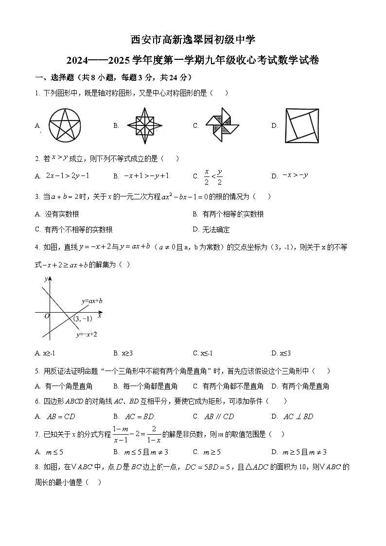 陕西省西安市高新逸翠园初级中学2024-2025学年九年级上学期开学考试数学试题（原卷版+解析版）01
