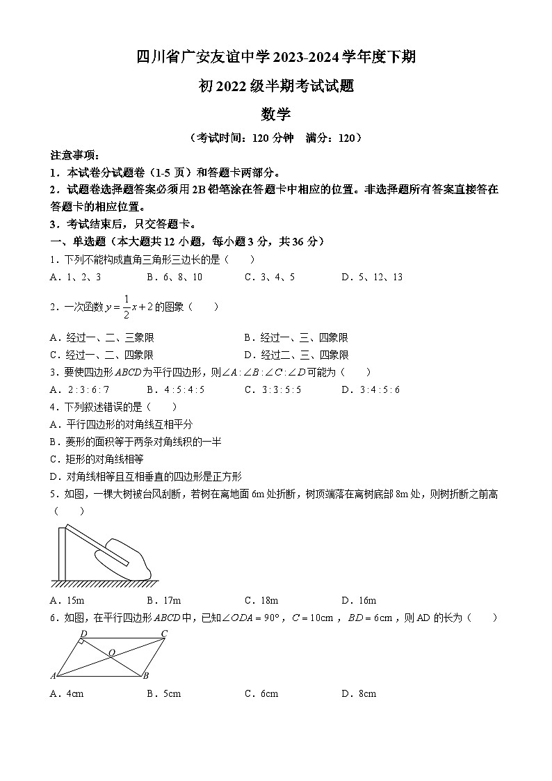 四川省广安市广安友谊中学2023-2024学年八年级下学期期中数学试题(无答案)01