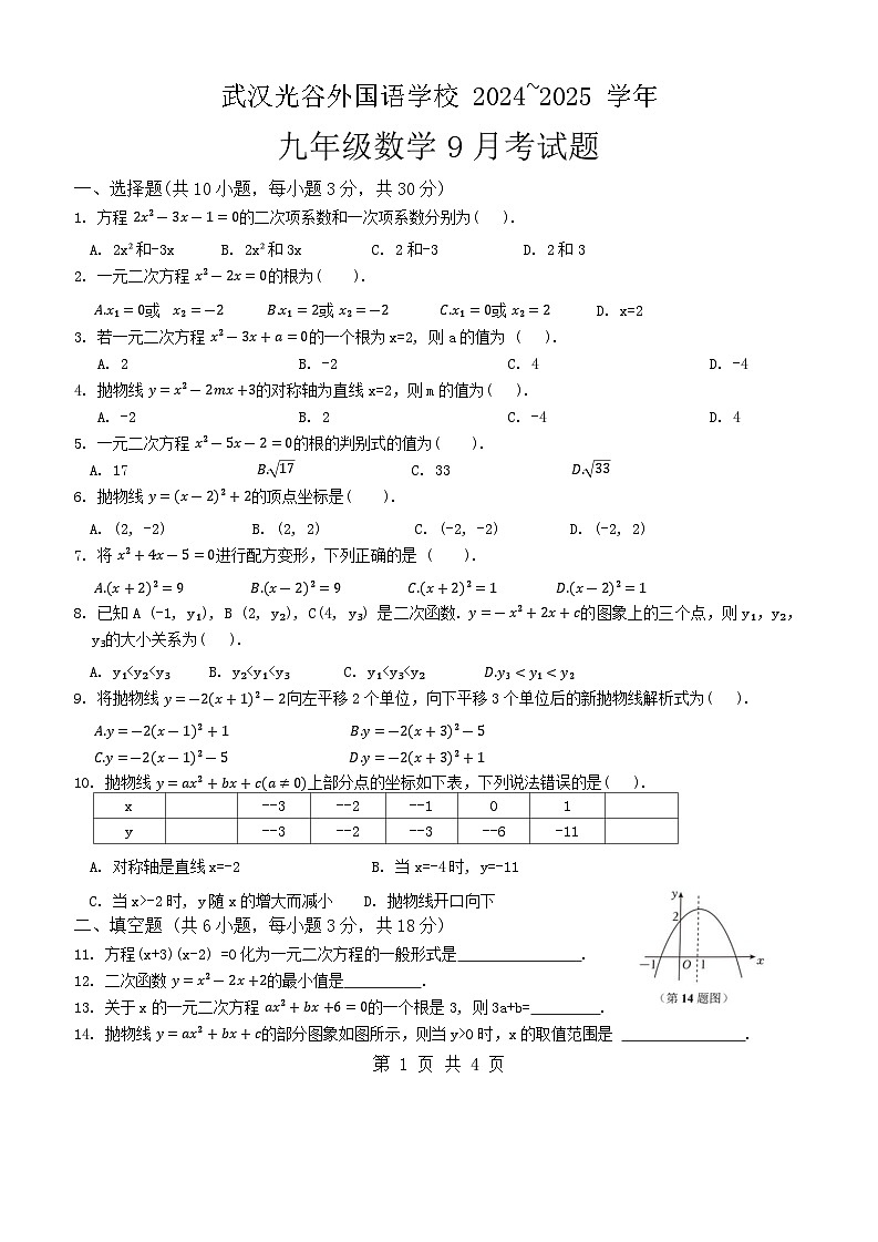 湖北省武汉市光谷外国语学校2024-2025学年上学期九年级数学9月考试xc+01