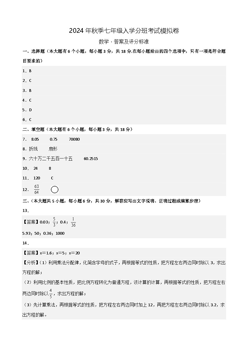 人教版七年级上册数学开学测试卷15（答案及评分标准）第1页