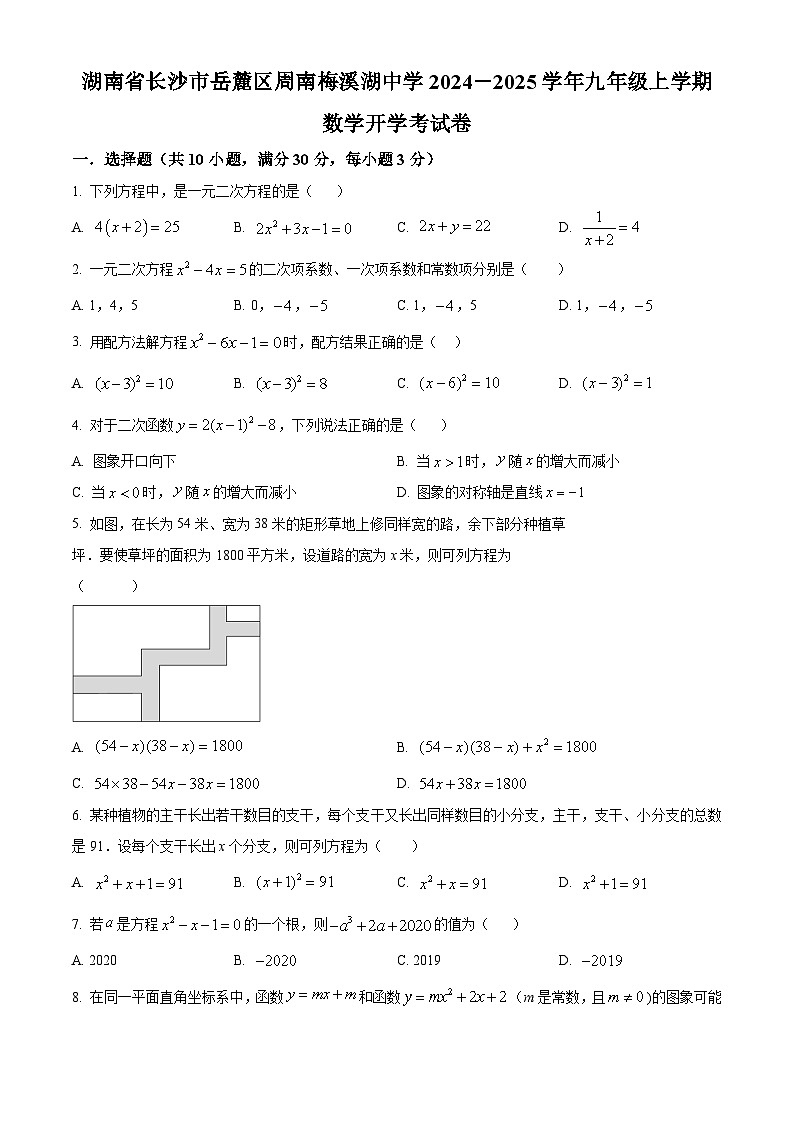 湖南省长沙市岳麓区周南梅溪湖中学2024-2025学年九年级上学期开学考数学试题（原卷版）01