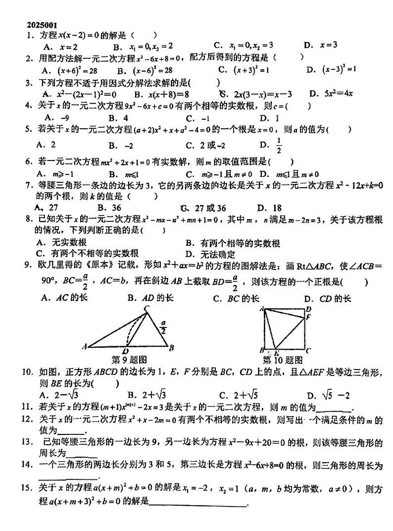 2024深圳外国语学校九年级周测数学试卷第1页