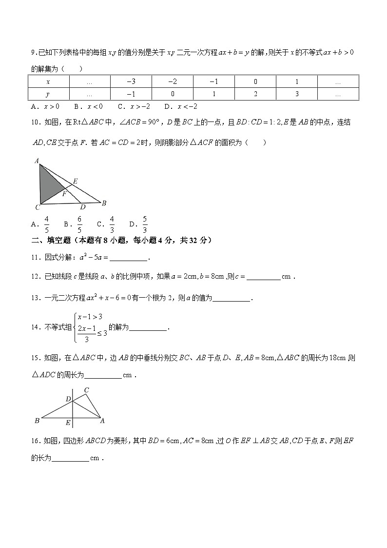 浙江省瑞安中学附属初级中学2024-2025学年九年级上学期开学考数学试题02