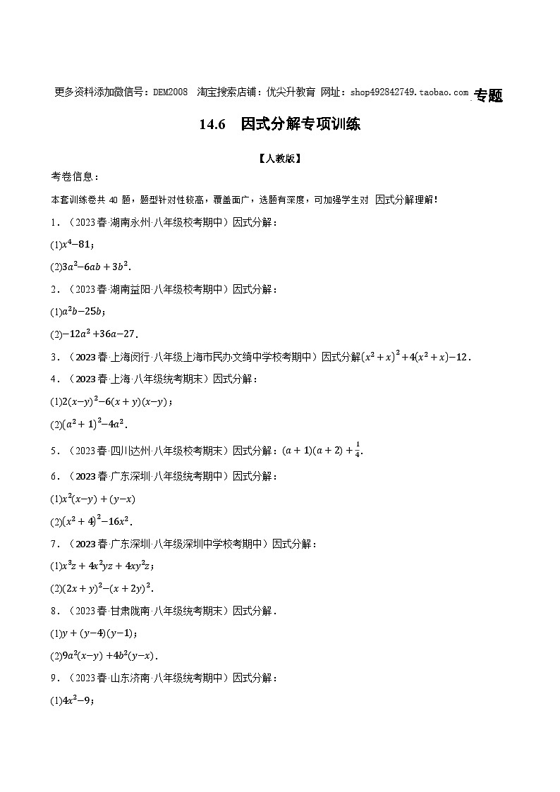 人教版八年级数学上册举一反三14.6因式分解专项训练(学生版+解析)第1页