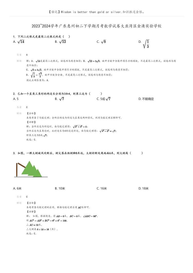 [数学]2023～2024学年广东惠州初二下学期月考数学试卷大亚湾区金澳实验学校解析版第1页