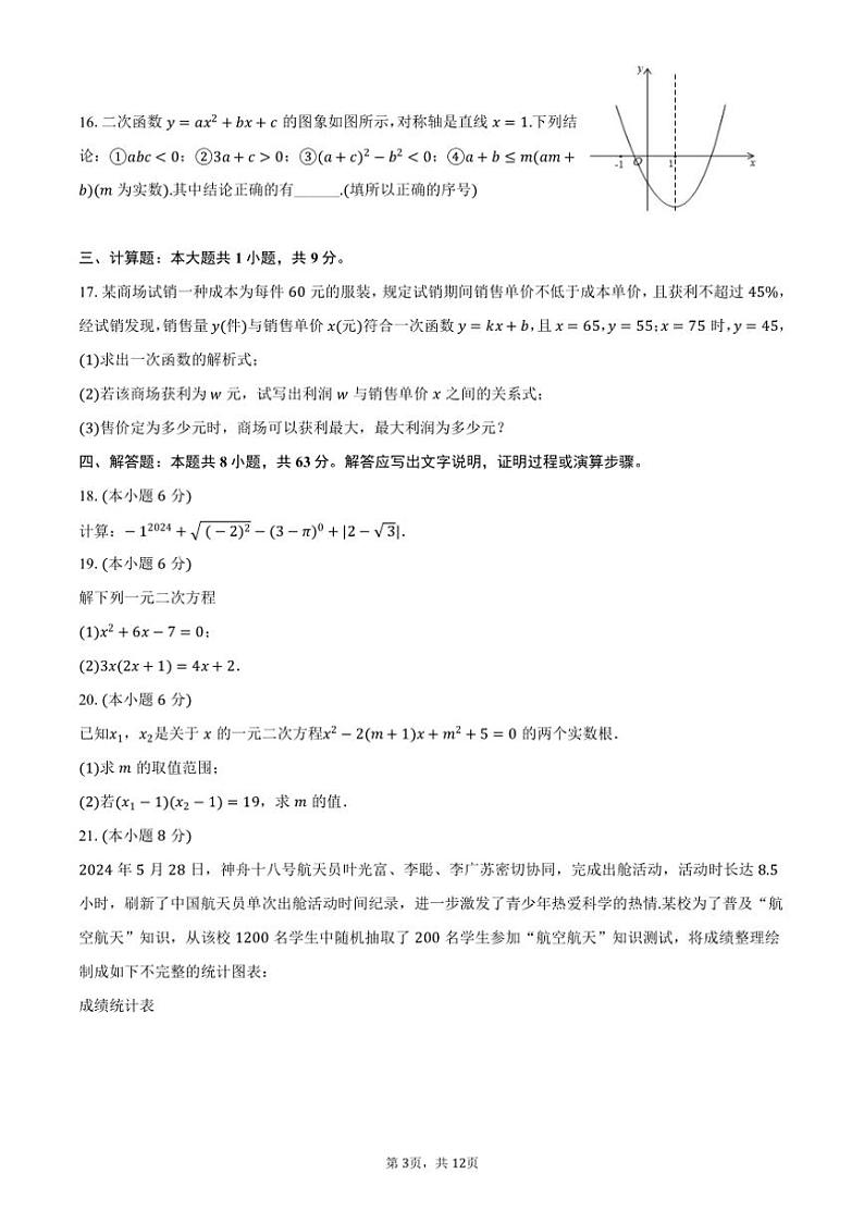 [数学]2024～2025学年湖南省长沙市天心区怡海中学九年级(上)入学试卷(有答案)03