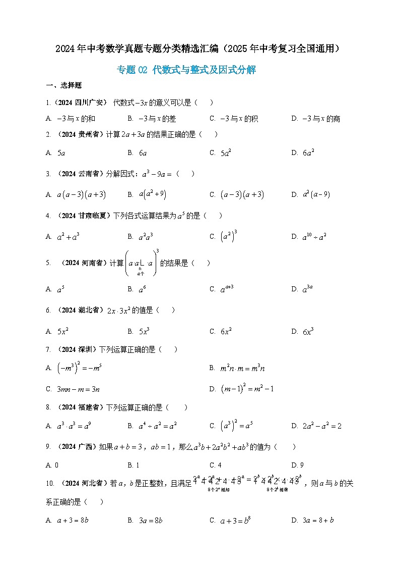 专题02 代数式与整式及因式分解（原卷版） 第1页