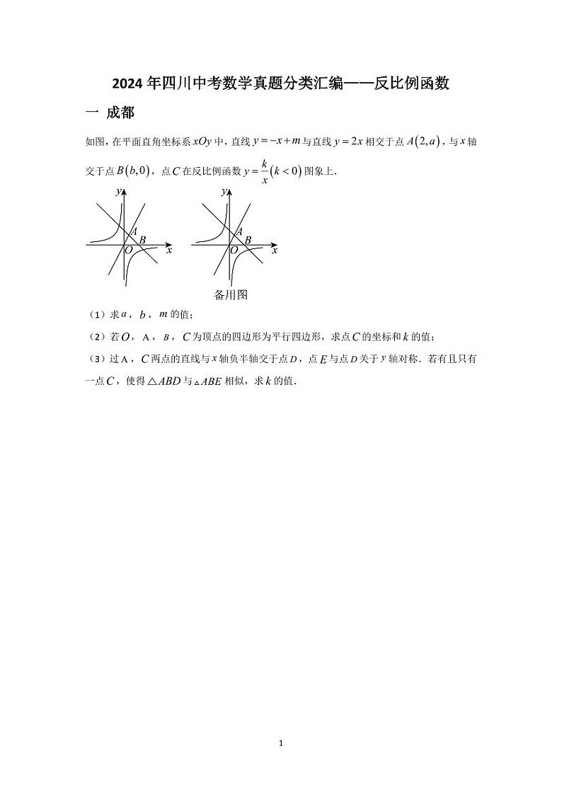 2024年四川中考数学真题分类汇编——反比例函数01